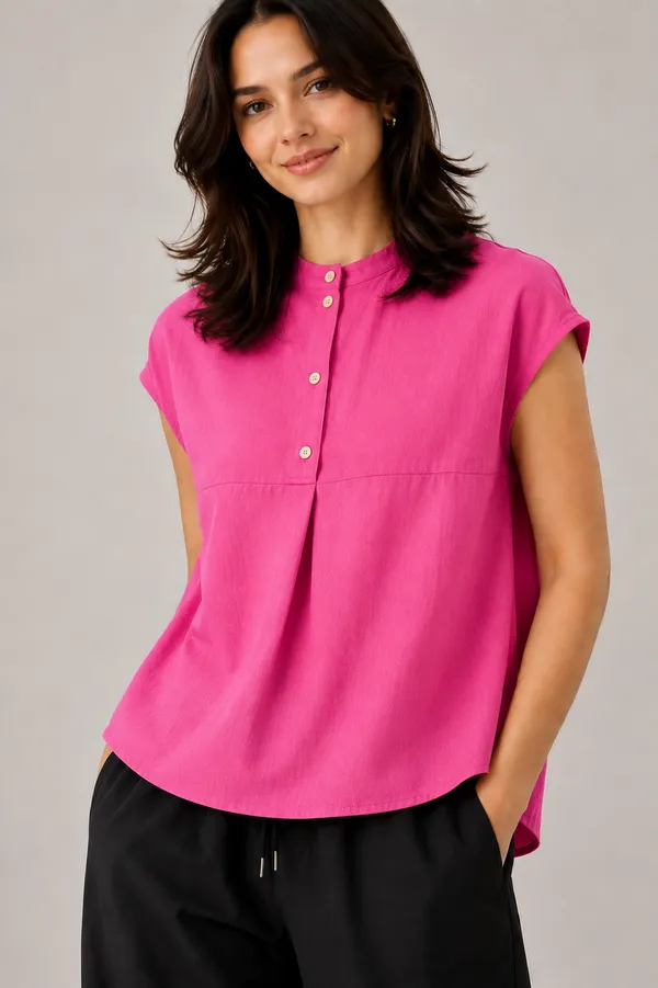 Women_Mandarin_Collar_Pleated_Button_Detail_Casual_Top