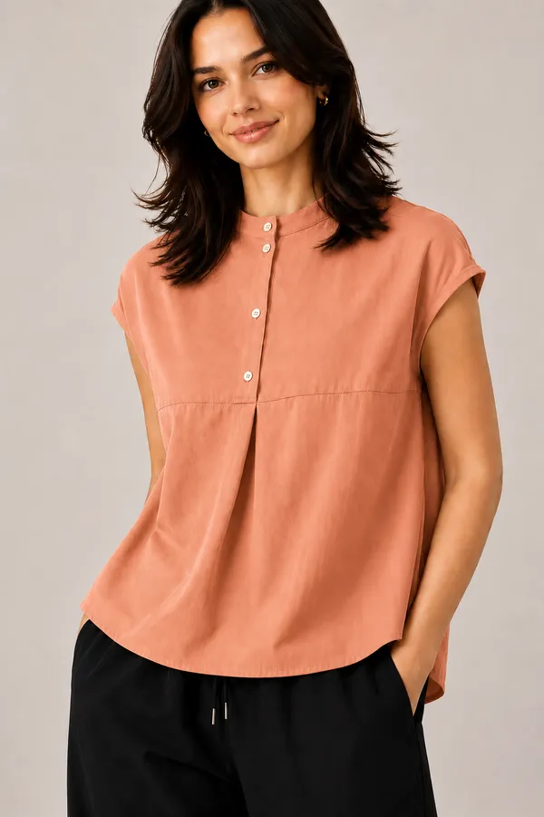 Women_Mandarin_Collar_Pleated_Button_Detail_Casual_Top