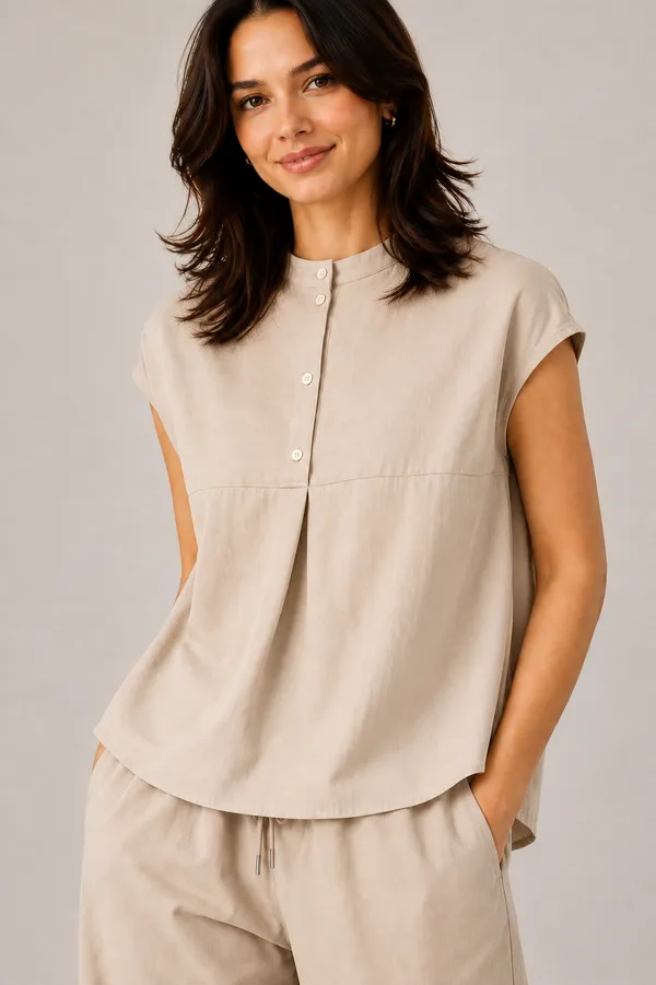 Women_Mandarin_Collar_Pleated_Button_Detail_Casual_Top