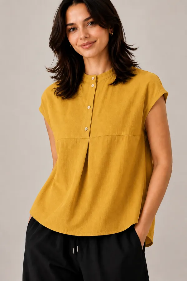 Women_Mandarin_Collar_Pleated_Button_Detail_Casual_Top