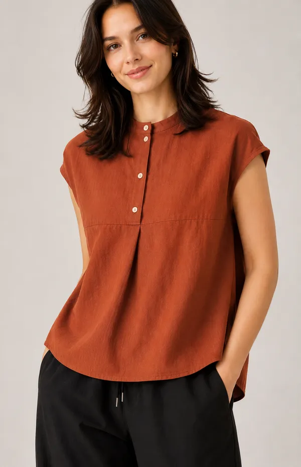 Women_Mandarin_Collar_Pleated_Button_Detail_Casual_Top