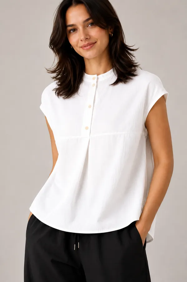 Women_Mandarin_Collar_Pleated_Button_Detail_Casual_Top