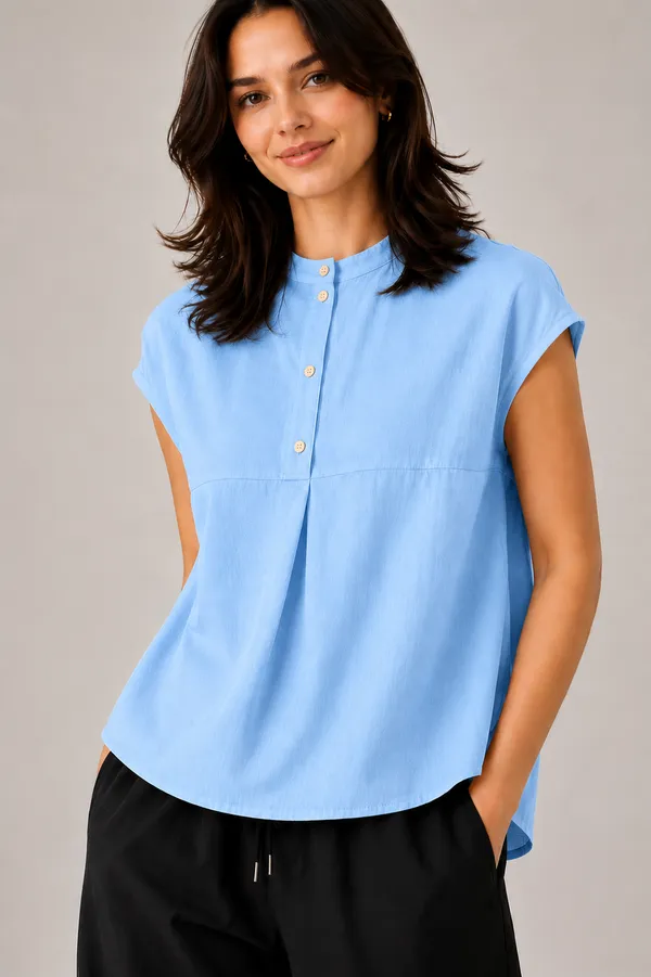 Women_Mandarin_Collar_Pleated_Button_Detail_Casual_Top