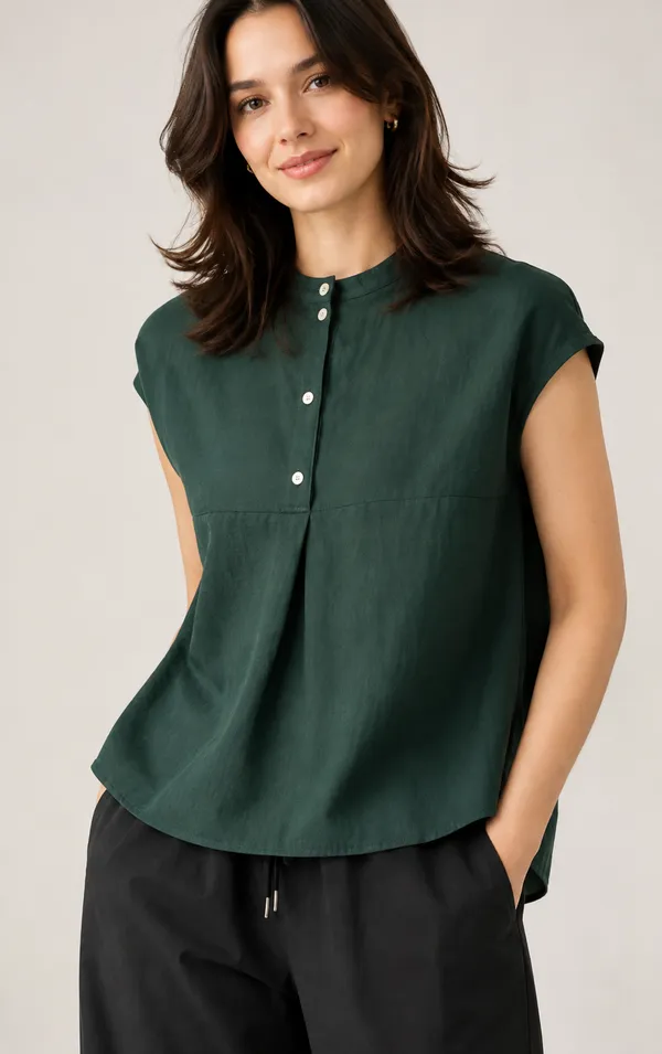 Women_Mandarin_Collar_Pleated_Button_Detail_Casual_Top