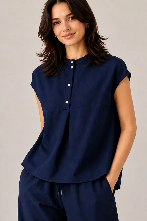 Women_Mandarin_Collar_Pleated_Button_Detail_Casual_Top