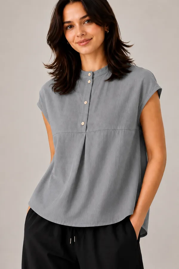 Women_Mandarin_Collar_Pleated_Button_Detail_Casual_Top