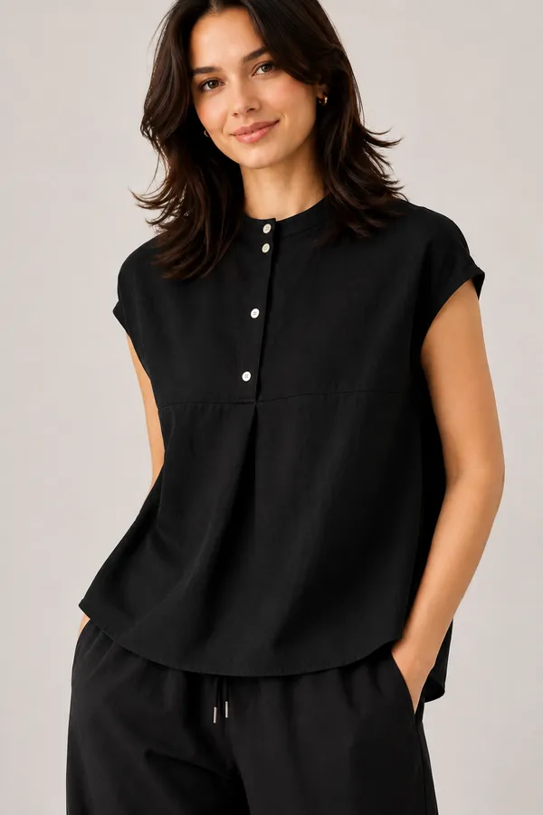Women_Mandarin_Collar_Pleated_Button_Detail_Casual_Top