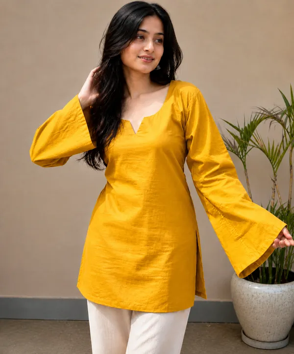 Women�s_Mustard_yellow_Stylish_Kurti_|_Bell_Sleeves_|_Round_Neck_|_Casual_&_Festive_Wear