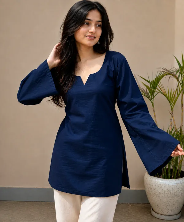 Women�s_Navy_Blue_Stylish_Kurti_|_Bell_Sleeves_|_Round_Neck_|_Casual_&_Festive_Wear
