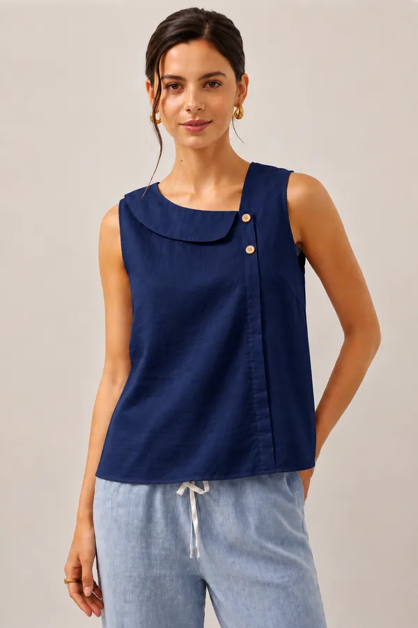 Women_Navy_Sleeveless_Relaxed_Fit_Top_with_Round_Neck,_Overlay_Panel_&_Button_Detail