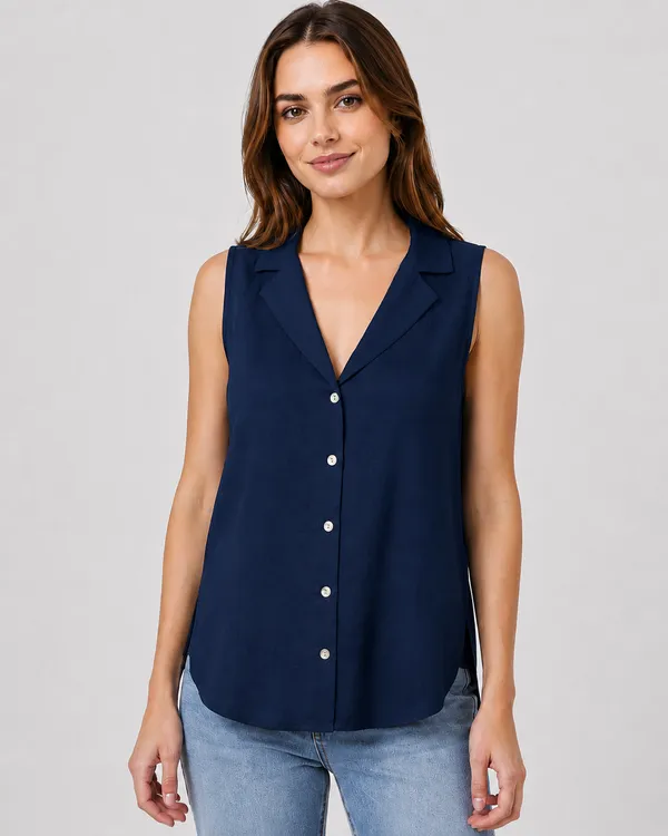 Women_Navy_Sleeveless_Relaxed_Fit_Top_with_Round_Neck,_Overlay_Panel_&_Button_Detail
