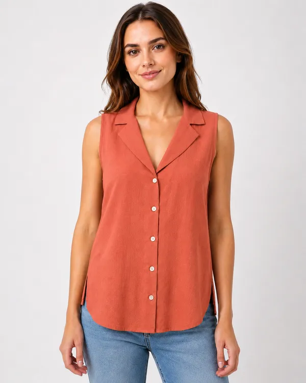 Women_Peack_Sleeveless_Relaxed_Fit_Top_with_Round_Neck,_Overlay_Panel_&_Button_Detail