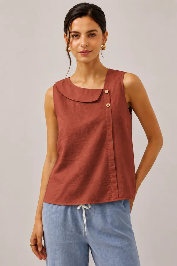 Women_Rust_orange_Sleeveless_Relaxed_Fit_Top_with_Round_Neck,_Overlay_Panel_&_Button_Detail