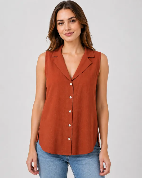Women_Rust_orange_Sleeveless_Relaxed_Fit_Top_with_Round_Neck,_Overlay_Panel_&_Button_Detail