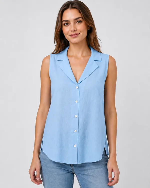 Women_Sky_blue_Sleeveless_Relaxed_Fit_Top_with_Round_Neck,_Overlay_Panel_&_Button_Detail