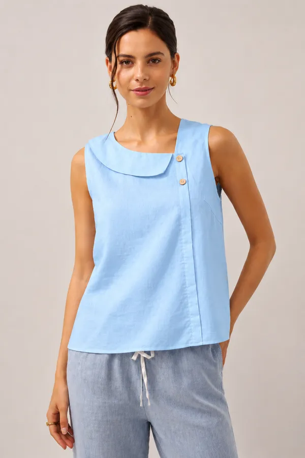 Women_Sky_blue_Sleeveless_Relaxed_Fit_Top_with_Round_Neck,_Overlay_Panel_&_Button_Detail