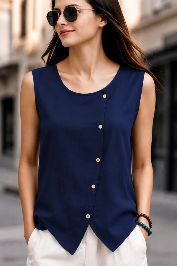 Women_Sleeveless_Asymmetric_Button-Front_Top