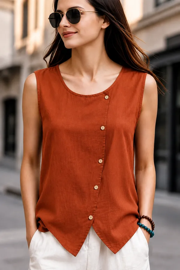 Women_Sleeveless_Asymmetric_Button-Front_Top