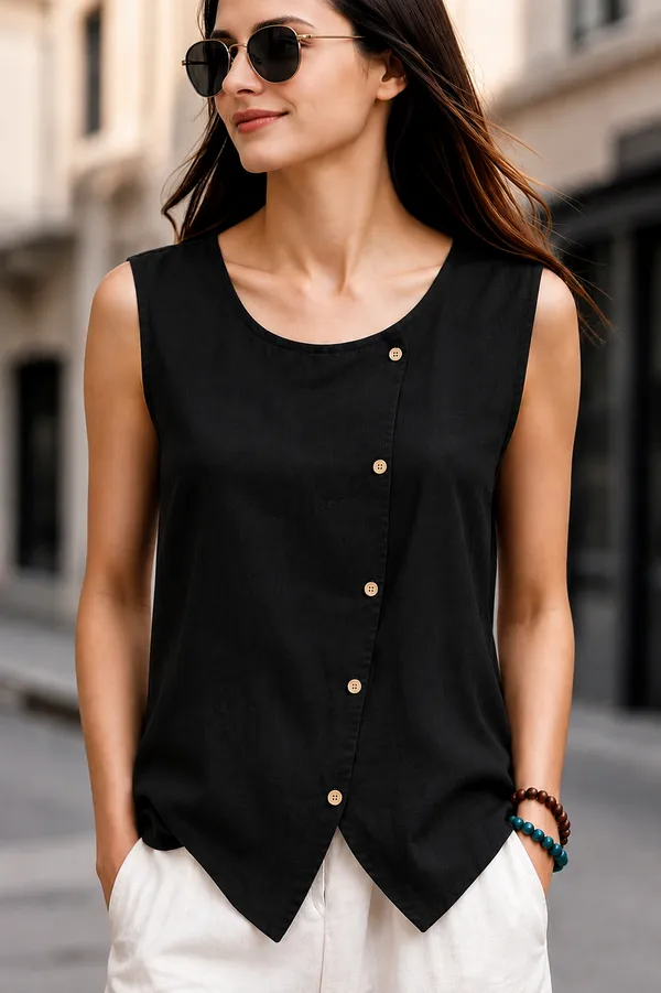 Women_Sleeveless_Asymmetric_Button-Front_Top