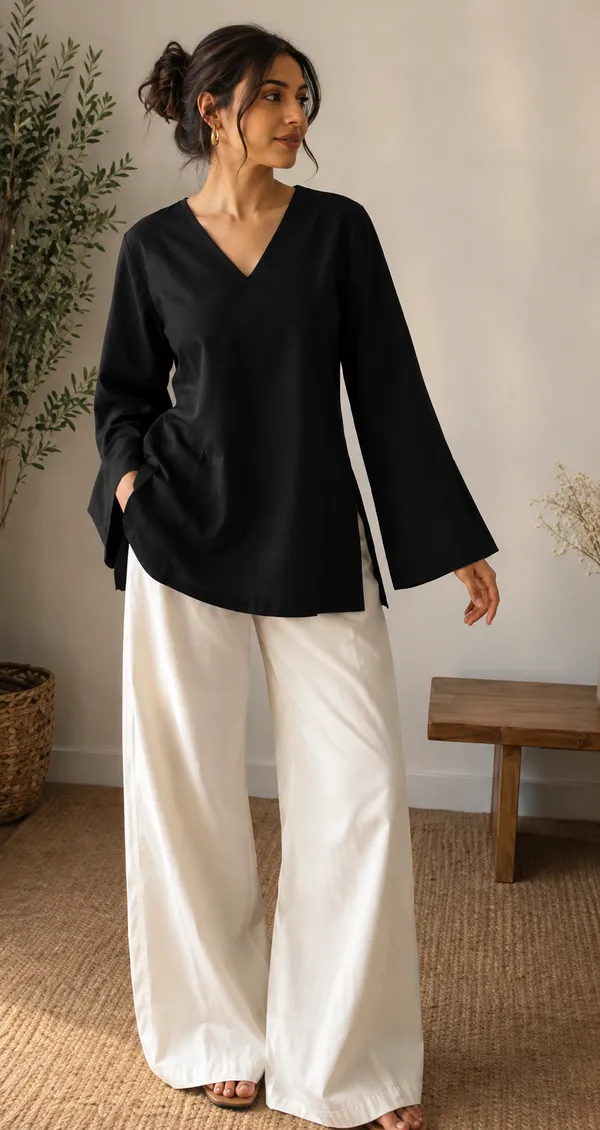 Women_Solid_BlackV-Neck_Top_with_Flared_Sleeves_|_Stylish_Casual_&_Office_Wear