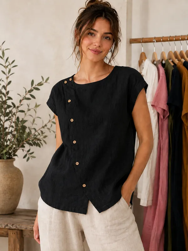 Women_Solid_Black_Asymmetric_Button_Top_|_Short_Sleeve_Summer_Blouse