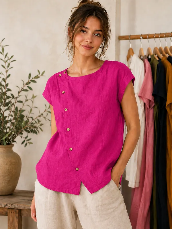 Women_Solid_Dark_Pink_Asymmetric_Button_Top_|_Short_Sleeve_Summer_Blouse