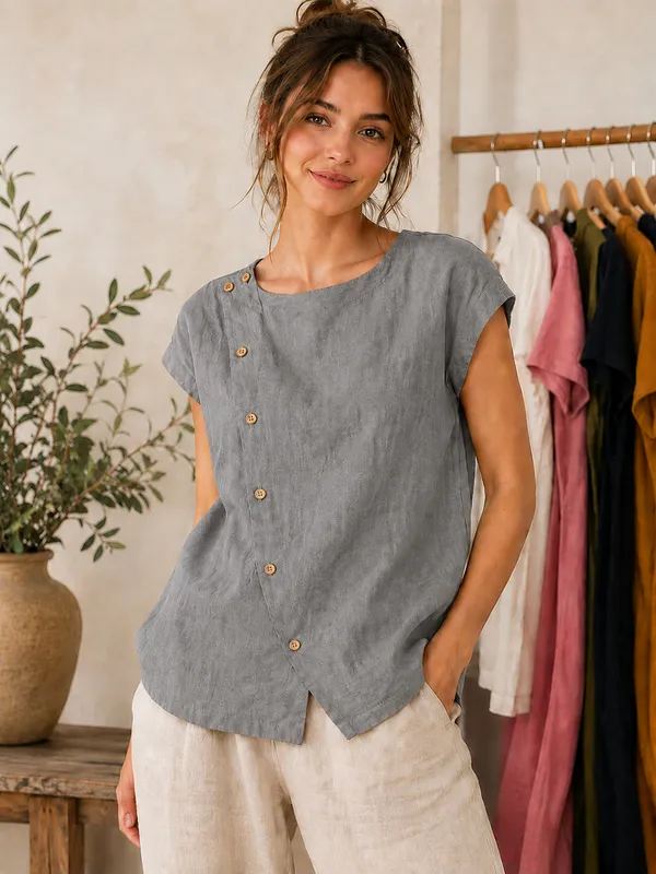 Women_Solid_Grey_Asymmetric_Button_Top_|_Short_Sleeve_Summer_Blouse