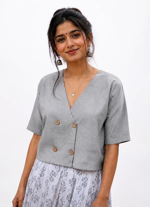 Women_Solid_Grey_V-Neck_Button-Front_Casual_Top_|_Half_Sleeve_Stylish_Summer_Top