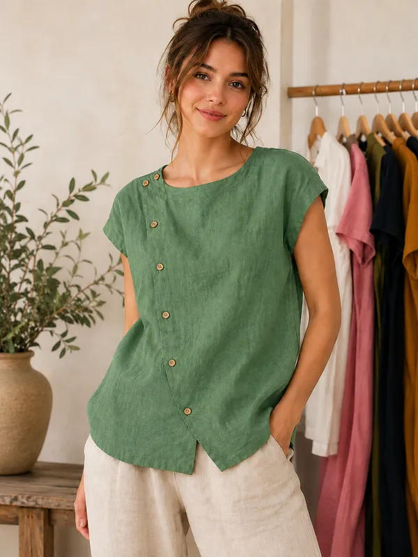 Women_Solid_Light_Green_Asymmetric_Button_Top_|_Short_Sleeve_Summer_Blouse