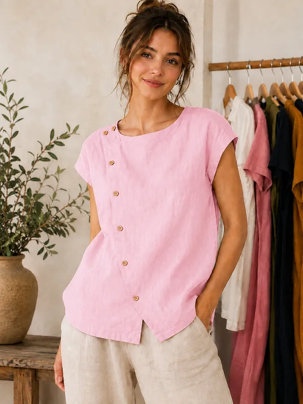 Women_Solid_Light_Pink_Asymmetric_Button_Top_|_Short_Sleeve_Summer_Blouse