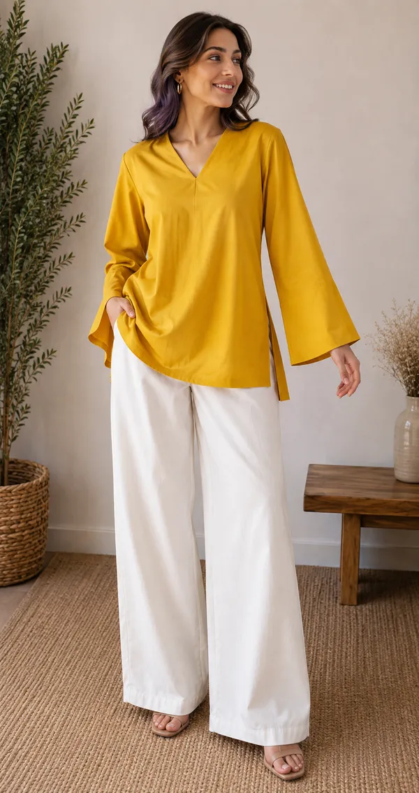 Women_Solid_Mustard_Yellow_V-Neck_Top_with_Flared_Sleeves_|_Stylish_Casual_&_Office_Wear