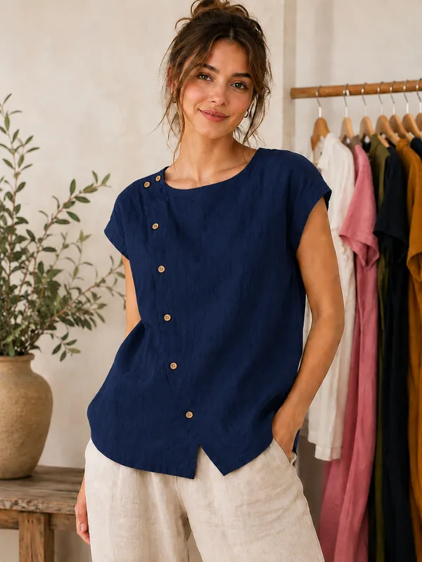 Women_Solid_Navy_Blue_Asymmetric_Button_Top_|_Short_Sleeve_Summer_Blouse