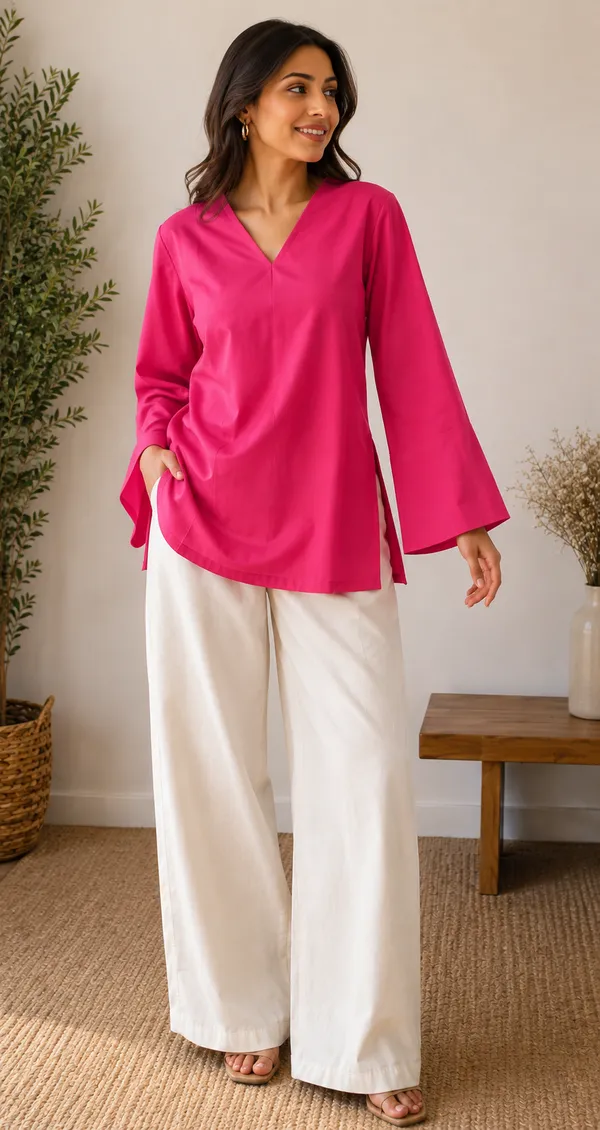 Women_Solid_Pink_V-Neck_Top_with_Flared_Sleeves_|_Stylish_Casual_&_Office_Wear