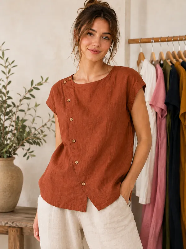 Women_Solid_Rust_Orange_Asymmetric_Button_Top_|_Short_Sleeve_Summer_Blouse