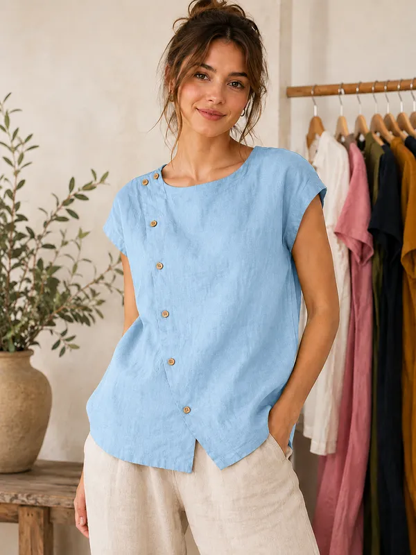Women_Solid_Sky_Blue_Asymmetric_Button_Top_|_Short_Sleeve_Summer_Blouse