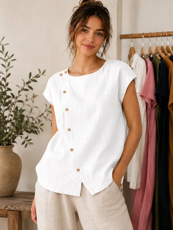 Women_Solid_White_Asymmetric_Button_Top_|_Short_Sleeve_Summer_Blouse