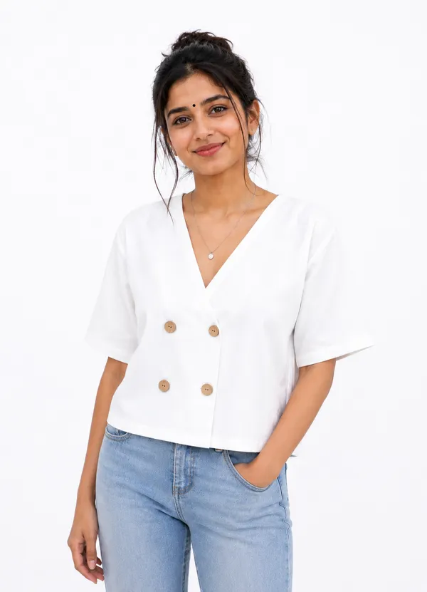 Women_Solid_White_V-Neck_Button-Front_Casual_Top_|_Half_Sleeve_Stylish_Summer_Top