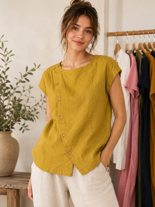 Women_Solid_Yellow_Asymmetric_Button_Top_|_Short_Sleeve_Summer_Blouse