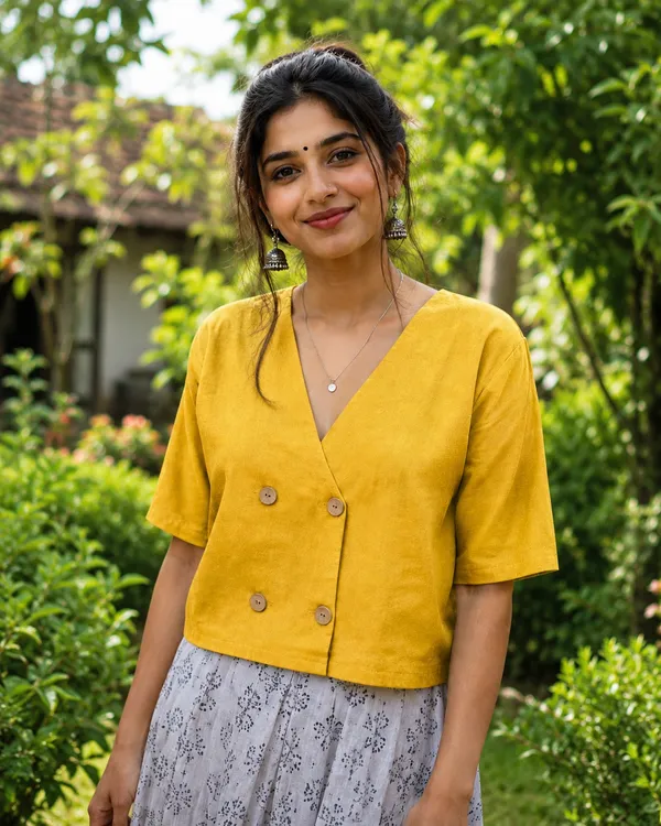 Women_Solid_Yellow_V-Neck_Button-Front_Casual_Top_|_Half_Sleeve_Stylish_Summer_Top