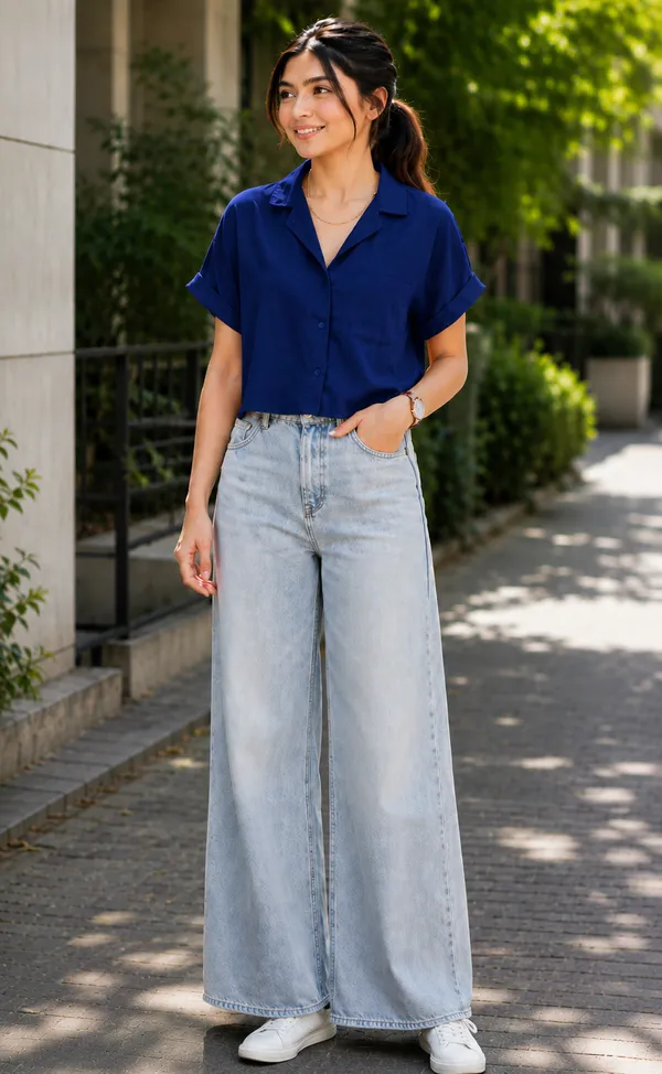 Women_Stylish_Solid_Blue_Collared_Crop_Shirt_|_Half_Sleeve_Casual_Top_for_Women