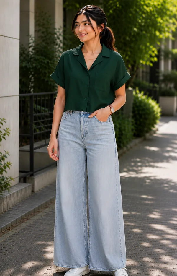 Women_Stylish_Solid_Dark_Green_Collared_Crop_Shirt_|_Half_Sleeve_Casual_Top_for_Women