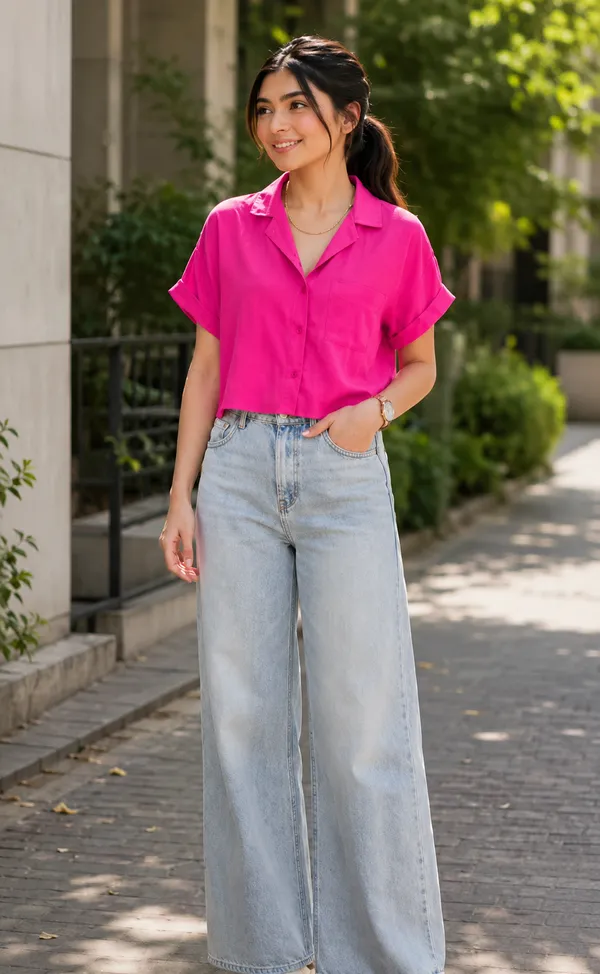 Women_Stylish_Solid_Dark_Pink_Collared_Crop_Shirt_|_Half_Sleeve_Casual_Top_for_Women