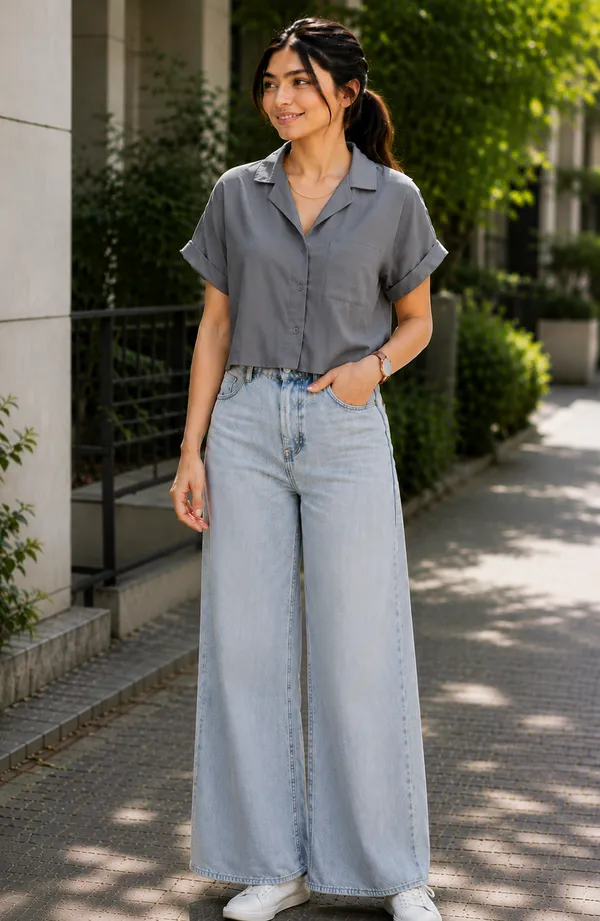 Women_Stylish_Solid_Grey_Collared_Crop_Shirt_|_Half_Sleeve_Casual_Top_for_Women