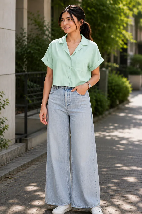 Women_Stylish_Solid_Light_Green_Collared_Crop_Shirt_|_Half_Sleeve_Casual_Top_for_Women