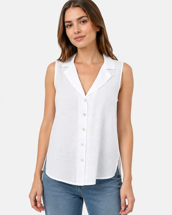 Women_White_Sleeveless_Relaxed_Fit_Top_with_Round_Neck,_Overlay_Panel_&_Button_Detail