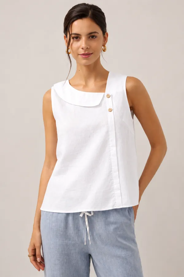 Women_White_Sleeveless_Relaxed_Fit_Top_with_Round_Neck,_Overlay_Panel_&_Button_Detail