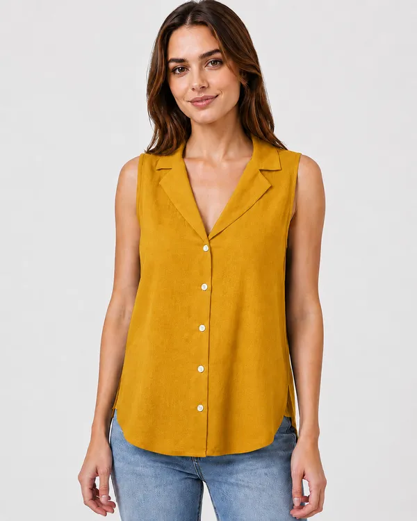 Women_Yellow_Sleeveless_Relaxed_Fit_Top_with_Round_Neck,_Overlay_Panel_&_Button_Detail