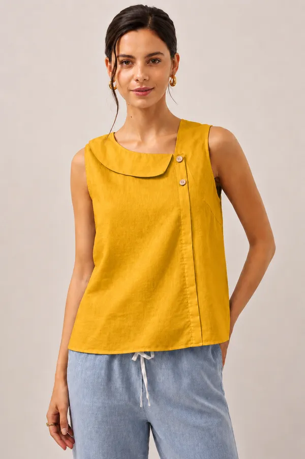 Women_Yellow_Sleeveless_Relaxed_Fit_Top_with_Round_Neck,_Overlay_Panel_&_Button_Detail