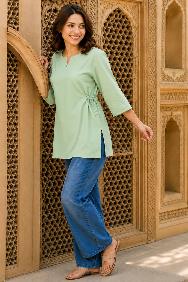 Women_Cotton_Light_Green_Kurti_|_Stylish_V-Notch_Neck_Tie-Waist_3/4_Sleeve_Casual_Top