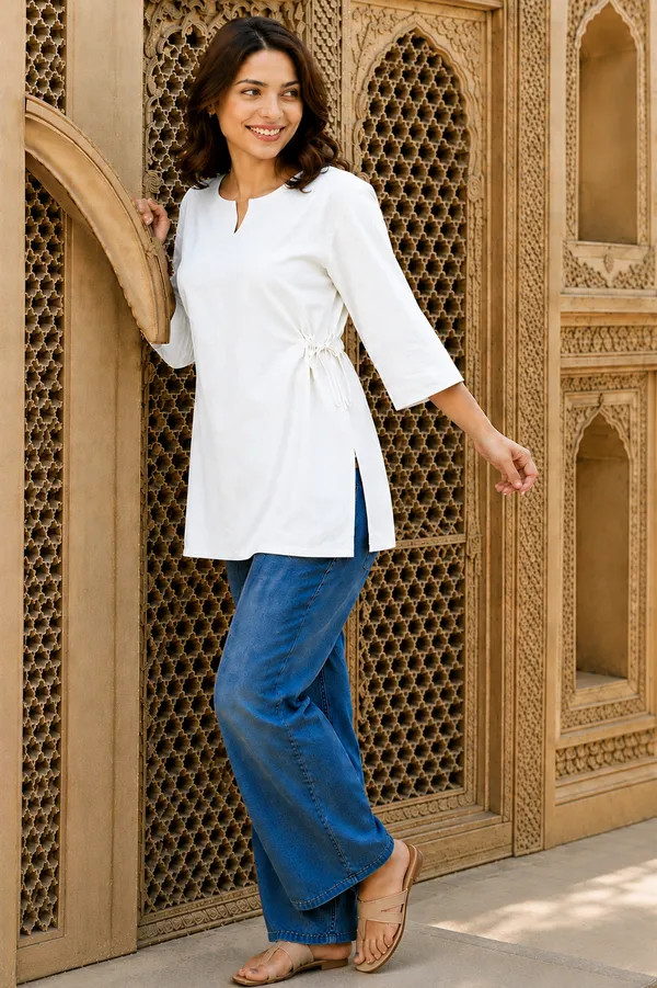 Women’s_Cotton_White_Kurti_|_Stylish_V-Neck_Tie-Waist_3/4_Sleeve_Casual_Top